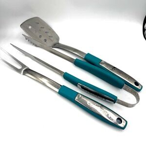 Cuisinart 3‎ Piece Stainless Steel Barbecue Tool Set Spatula Tongs Fork Teal